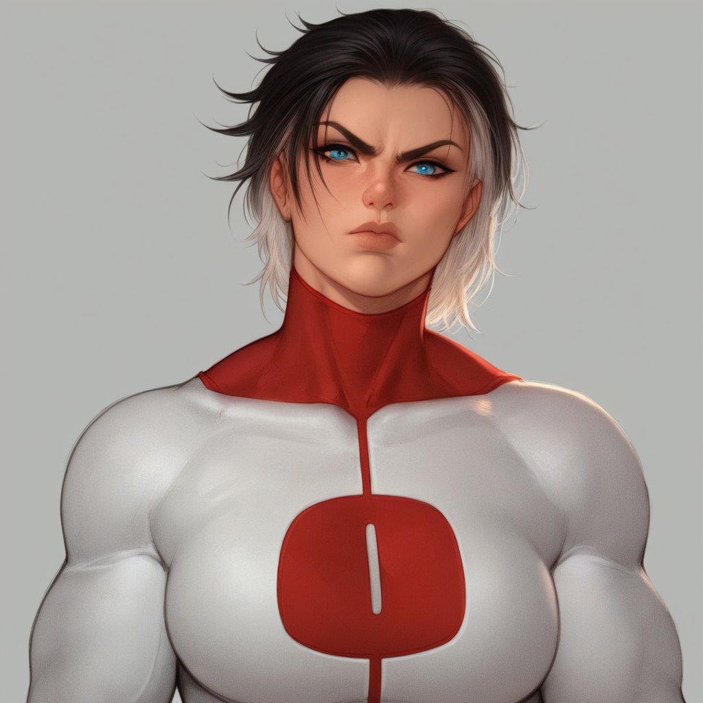score_9, score_8_up, score_7_up, score_6_up, score_5_up, score_4_up, Expressiveh, 1 girl, solo, flat lighting, intricate details, rating_adult, Expressiveh, WJS07style. Nora, blue eyes, Omni_suit, Multicolored hair, black hair, white hair, muscular female, beautiful woman, shiny look. stern face, face focus, close up of face.