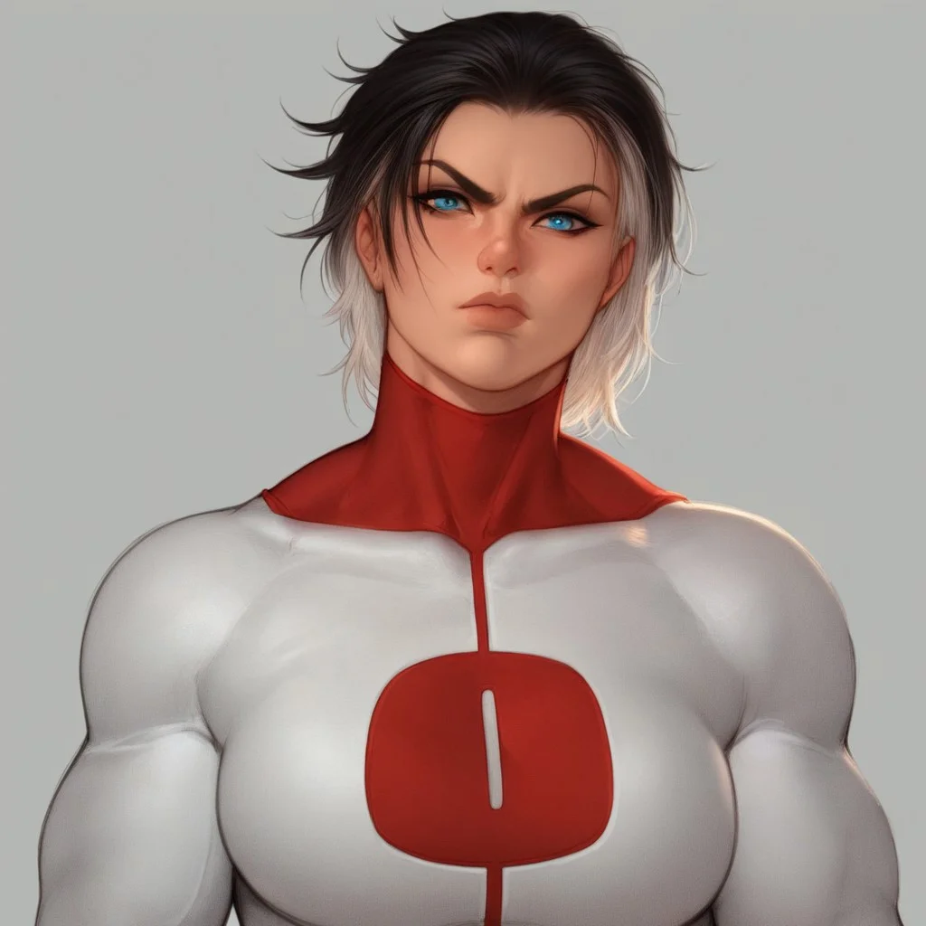 score_9, score_8_up, score_7_up, score_6_up, score_5_up, score_4_up, Expressiveh, 1 girl, solo, flat lighting, intricate details, rating_adult, Expressiveh, WJS07style. Nora, blue eyes, Omni_suit, Multicolored hair, black hair, white hair, muscular female, beautiful woman, shiny look. stern face, face focus, close up of face.