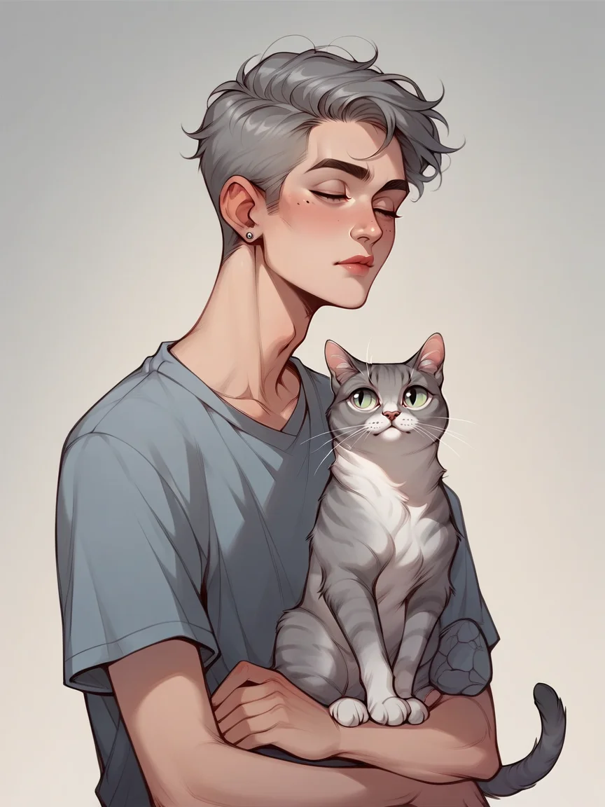 score_9, score_8_up, score_7_up, score_6_up, score_5_up, <lora:p3tl0v3XLP:1> p3tl0v3, 1boy, cat, <lora:c4tsXLP:0.3> c4ts, grey tabby