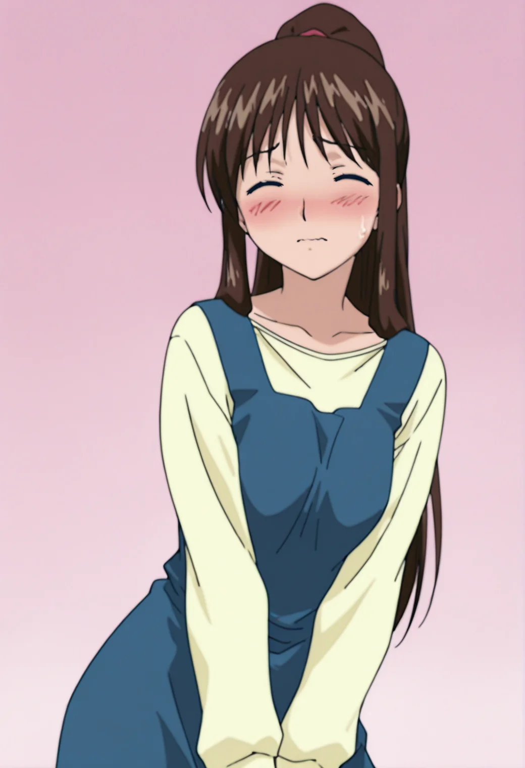 masterpiece, best quality, amazing quality, anime coloring, anime screencap, solo, 1girl, <lora:DX888KonohaIL:1> edajima konoha, long hair, high ponytail, brown hair, ^ ^, blush, embarrassed, wavy mouth, pinafore dress, BREAK simple background, pink background pastel background, BREAK contrapposto