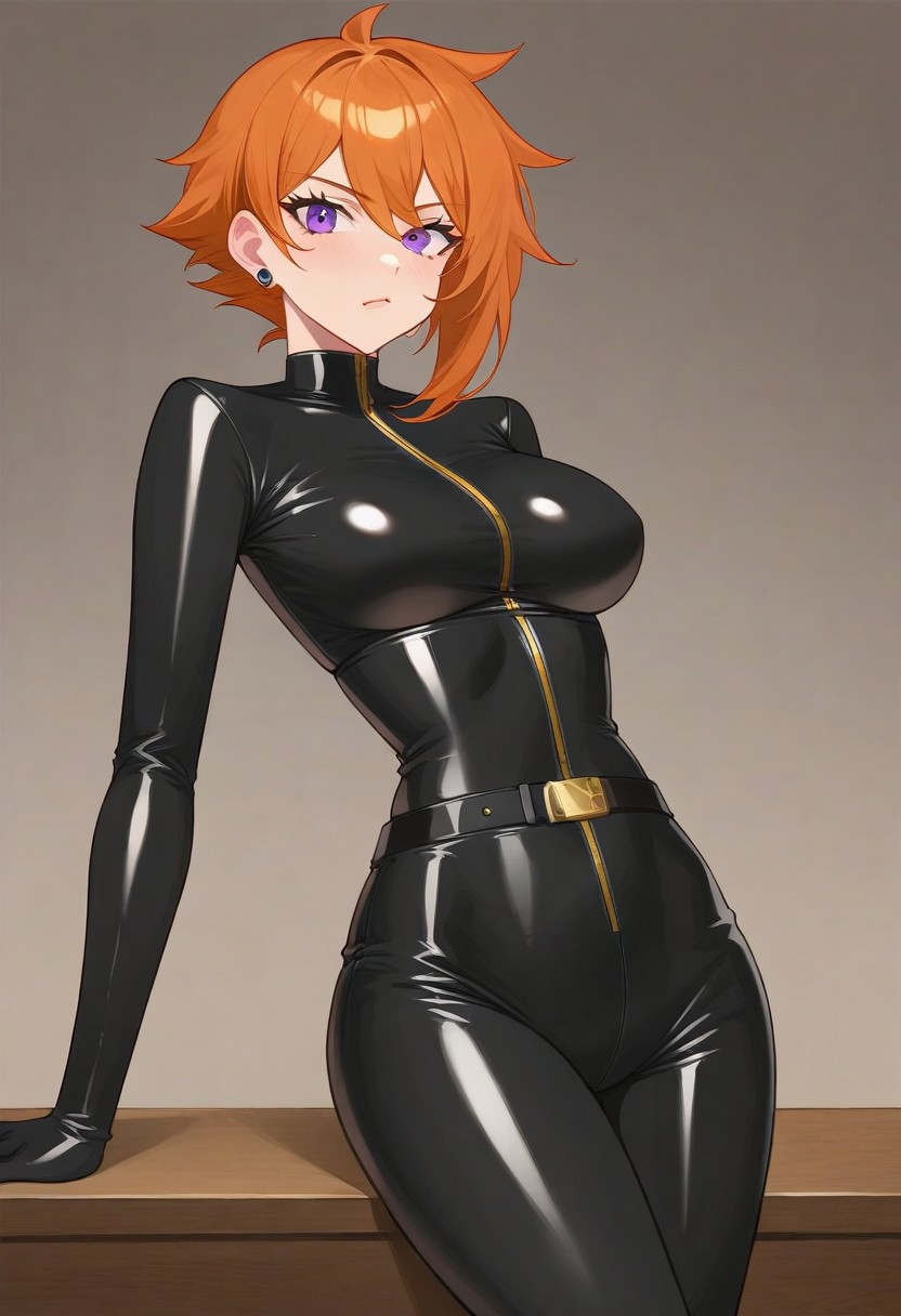 Masterpiece, High quality, anime, solo, 1girl, Oc, adult, tall, Agent spy woman, 1girl, tall, Short orange tomboy hair, Black skintight latex bodysuit, full Black skintight latex gloves, Purple eyes, Short Orange hair, Black Latex  skintight bodysuit, all black shiny latex suit, long zipper on center of suit, shiny Black latex skintight elbow gloves, shiny Black latex skintight thigh boots, gadget belt on waist, serious face expression,