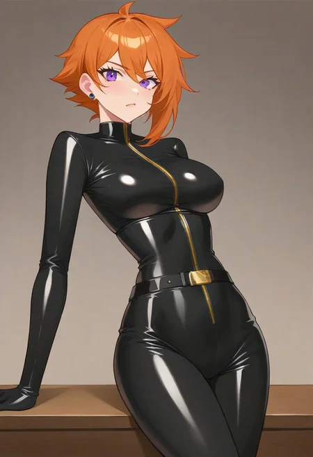 Masterpiece, High quality, anime, solo, 1girl, Oc, adult, tall, Agent spy woman, 1girl, tall, Short orange tomboy hair, Black skintight latex bodysuit, full Black skintight latex gloves, Purple eyes, Short Orange hair, Black Latex  skintight bodysuit, all black shiny latex suit, long zipper on center of suit, shiny Black latex skintight elbow gloves, shiny Black latex skintight thigh boots, gadget belt on waist, serious face expression,