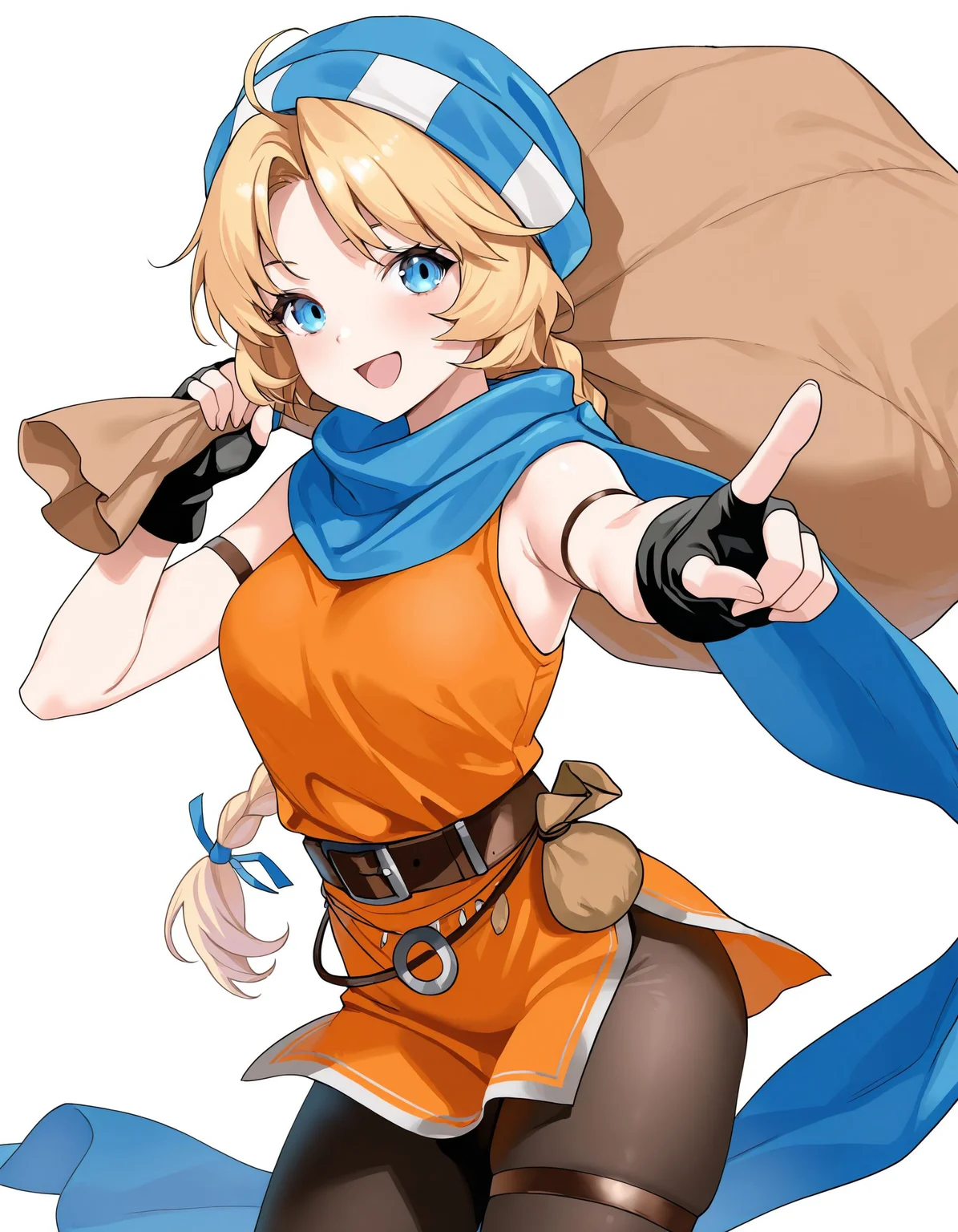 1girl,solo,<lora:patty feh_illustriousXL:0.8>,patty feh,hat,scarf,armband,fingerless gloves,orange dress,belt,belt pouch,pantyhose,thigh strap,cowboy shot,smile,open mouth,pointing,holding sack,simple background,white background,masterpiece,best quality,amazing quality,