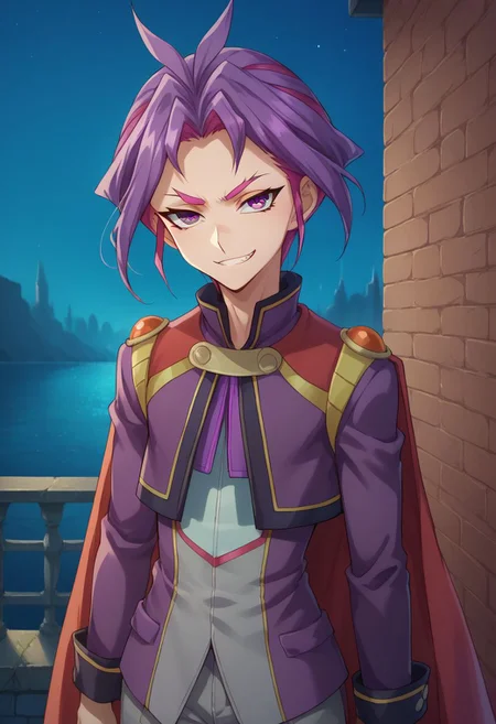 score_9, score_8_up, score_7_up, source_anime, highly detailed,
yuri, 1boy, male focus, solo, purple hair, cape, purple eyes, grey pants, antenna hair, looking at viewer, standing, long sleeves, smirk, two-tone hair, multicolored hair, grin, evil,
outdoor, street, futuristic, night, upper body,