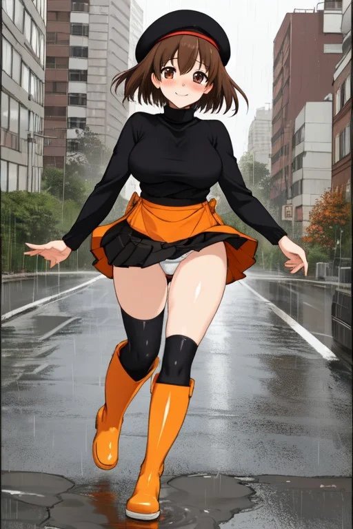 1 girl, Yumi Ohmura, brown hair, alone, smiling, brown eyes, detailed pupils, blushing, short hair, French beret, medium breasts, short skirt, black skirt, pleated skirt, orange blouse, turtleneck, long sleeves, medium breasts, rubber boots, yellow boots, view from below, panties visible, running towards viewer, urban background, street, asphalt, sidewalks, park in background, rain