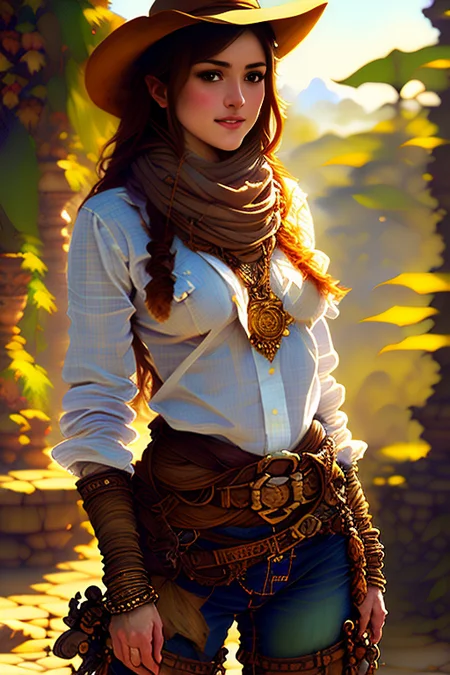 close up of a beautiful ((adventurer)) (((archeologist))) wearing jeans and a checked buttoned shirt with a scarf and a stetson hat in a (( oasis )), sensual, evocative pose, intricate, highly detailed, art by onche_ondulay