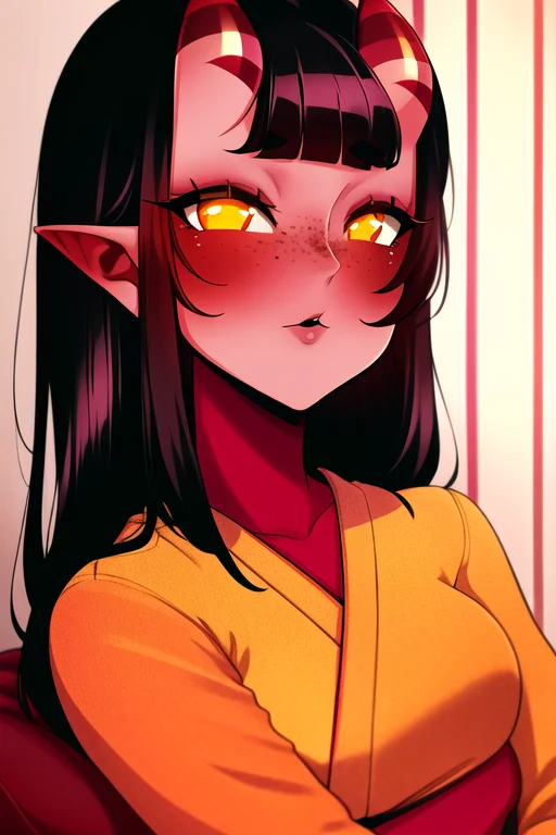masterpiece, best quality, a portrait of meru, merunyaa, kimono, 1girl, black hair, breasts, demon girl, demon tail, freckles, horns, mole, pointy ears, red skin, solo, orange eyes, upper body