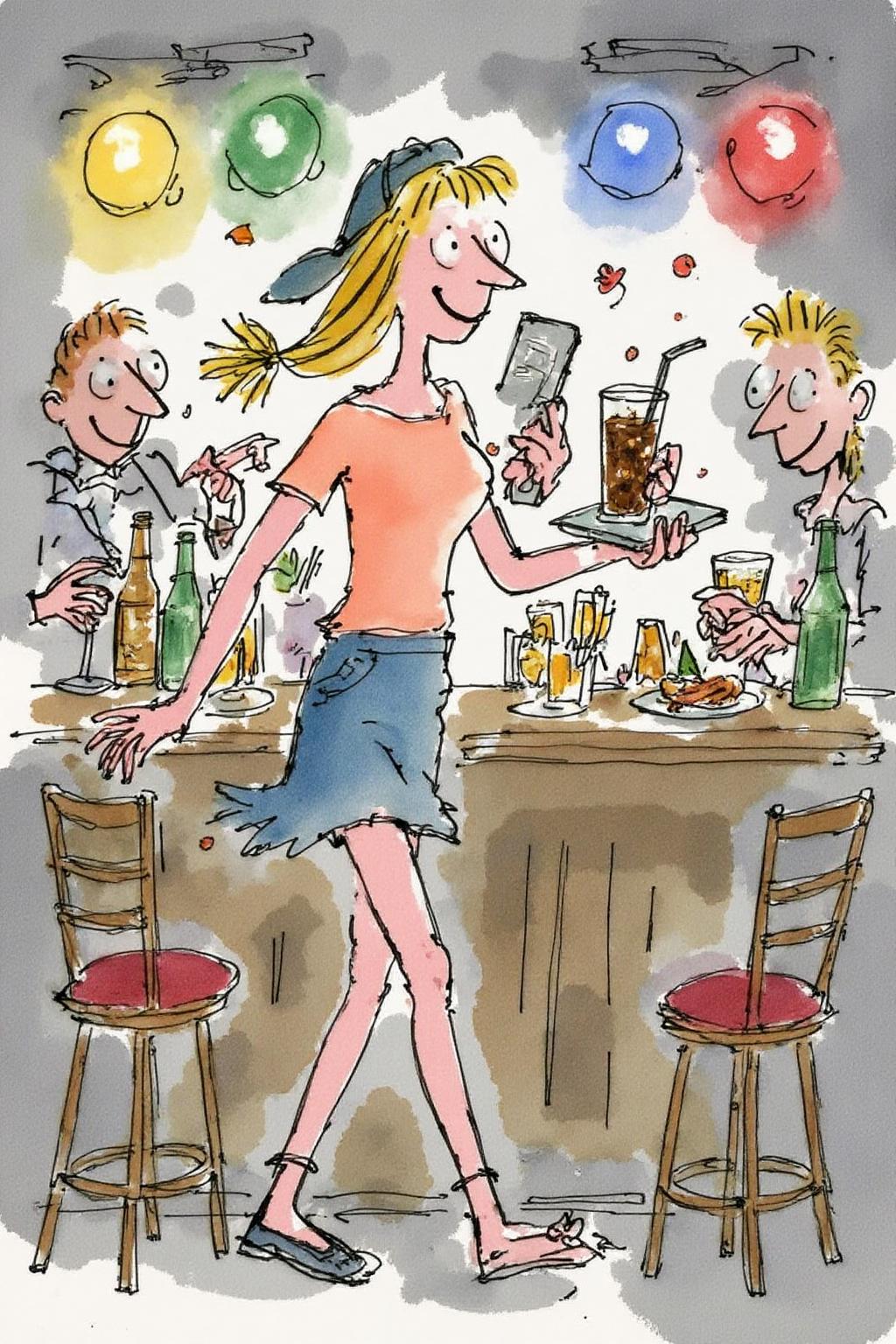 qub1 illustration. 
The air buzzes with the energy of a busy bar, a mix of music, conversation, and the clinking of glasses. A barmaid, the embodiment of youthful vibrancy, navigates the lively scene. She wears a peach-coloured T-shirt, the soft fabric contrasting with the smooth, cold glass of coke she carries on a small tablet. Her short skirt adds a playful touch, and a backwards baseball cap hints at a carefree attitude. The setting and atmosphere are palpable: the warm, slightly sticky surface of the bar counter under her fingertips, the dim, colourful lighting that casts playful shadows. Sensory details are abundant: the condensation forming on the glass of coke, the texture of her denim skirt, and the way the bar lights catch the highlights in her hair. Her confident stride, her quick smile, and her efficient movements. Stylistically, the image draws inspiration from the vibrant, candid shots of nightlife photographers, with a touch of the stylized realism found in contemporary illustration. There's a deliberate contrast between the barmaid's youthful energy and the slightly worn, lived-in atmosphere of the bar, creating a dynamic and engaging image. <lora:qub1_cap_d6a3e12:1.0><lora:826986298041650385:0>