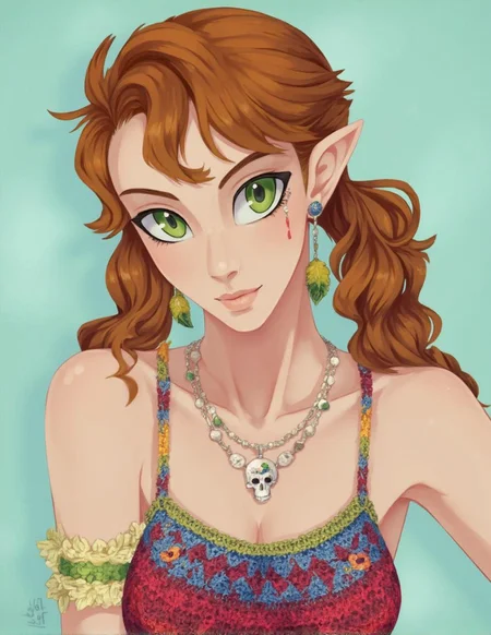 <lora:ck-LttleGhost-000011.safetensors:1> in the style of ck-lttlegh0stYoung woman with auburn hair and green eyes, wearing a rainbow-colored crocheted tank top, layered necklaces featuring a skull pendant and leaf-shaped earrings, posing against a soft teal background.