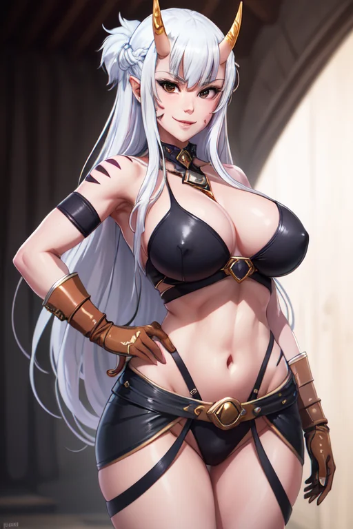 <lora:lisa:0.6>lisa,1girl,, long hair, breasts, looking at viewer, smile, large breasts, simple background, gloves, white background, white hair, horns, hand on hip, oni horns (masterpiece:1.2), (best quality), (ultra detailed), (8k, 4k, intricate),(full-body-shot:1), (highly detailed:1.2),(detailed face:1.2),(detailed background),detailed landscape, (dynamic angle:1.2), (dynamic pose:1.2),