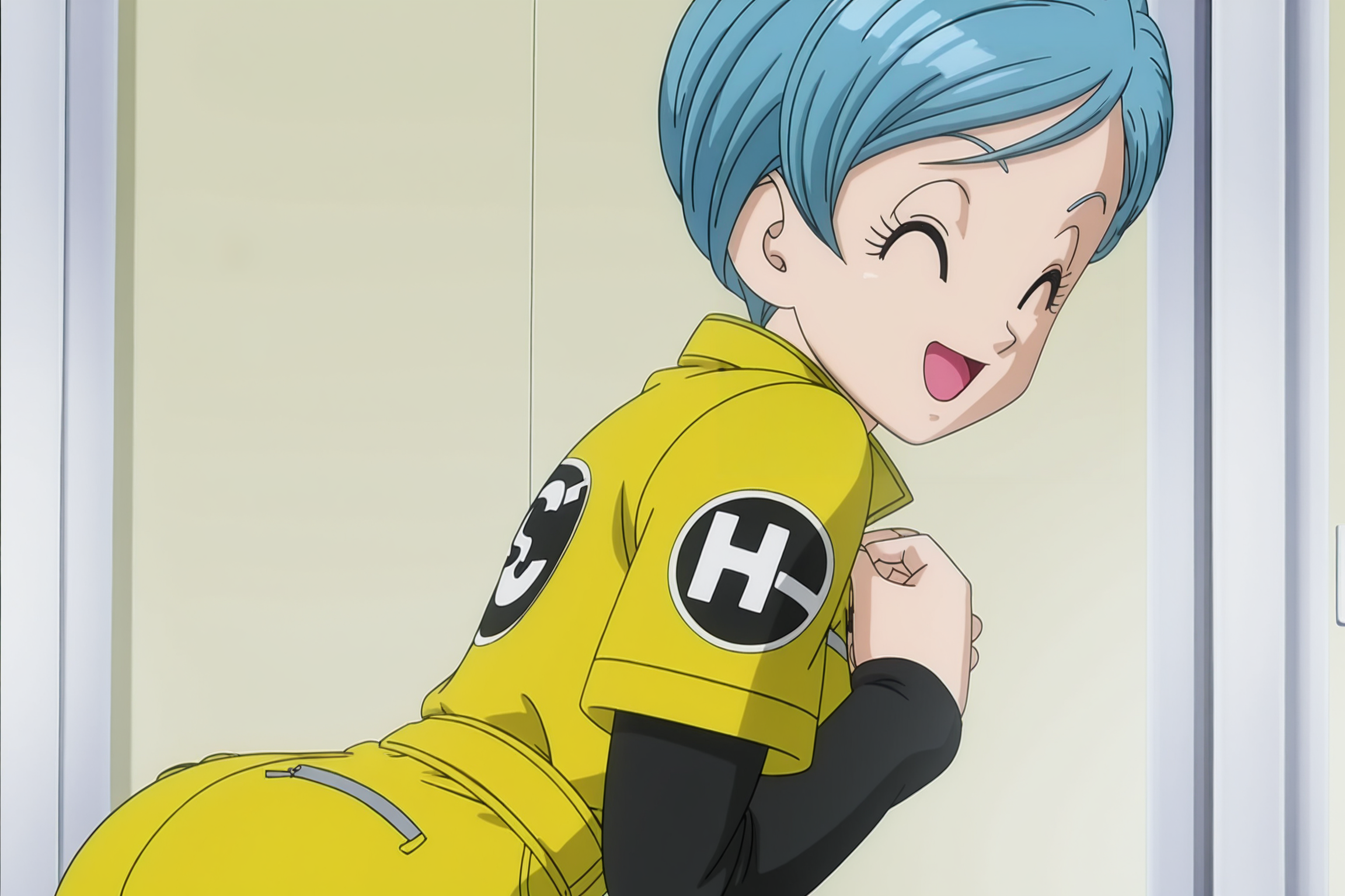 anime screencap, absurdres, high quality, official style,
bulma, super, dragon ball super super hero, official style, 3d animation, 1girl, solo, smile, very short hair, side swept hair, open mouth, long sleeves, blue hair, closed eyes, yellow jumpsuit, print sleeves, short over long sleeves, black undershirt, leaning forward, hands on own chest, :d, ^ ^, ^o^, layered sleeves, from side, ass, logo print, 
<lora:Bulma_IL:0.8>