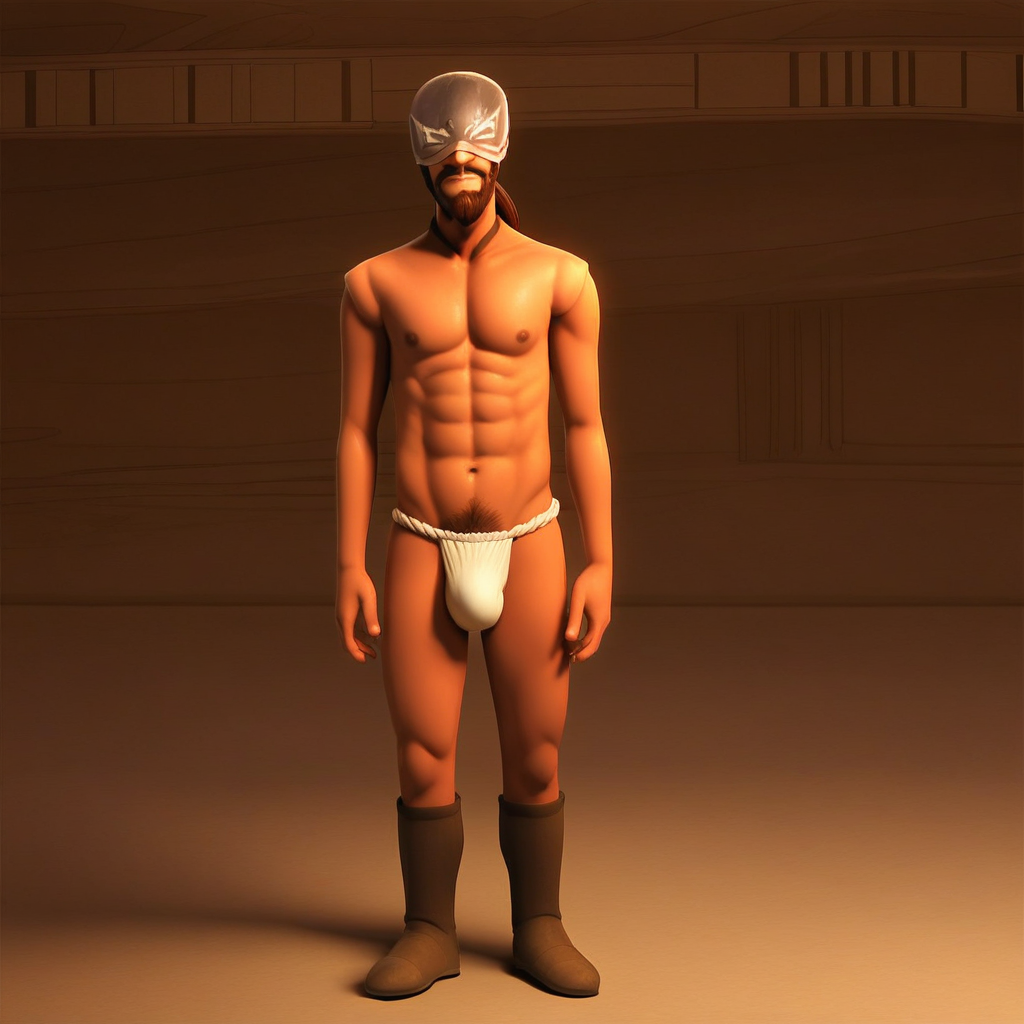 kanan jarrus, 1boy, solo, male focus, facial hair, beard, brown hair, helmet, ponytail, short ponytail, low ponytail, mask, fundoshi, topless male, Large Bulge, fundoshi,  score_9, score_8_up, score_7_up, score_6_up <lora:vinceteaa_020_04v2-step00000400r:1> good face, good eyes, looking at viewer, full body, standing,