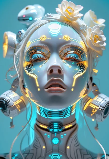 score_9, score_8_up, score_7_up, BREAK,a hyperrealistic, futuristic portrait of an beautiful young woman with luminescent, porcelain-white skin, her face tilted back in an expression of serene euphoria; their platinum-white, slightly tousled hair bob with sharp bangs catches the light, individual strands visible against a striking, electric blue background; soft, diffused lighting accentuates the ultra-smooth yet hyper-detailed skin texture, revealing fine pores and delicate creases; their closed eyes and slightly parted lips convey a sense of transcendence and dreamlike introspection; the composition is captured from a low-angle perspective, emphasizing the elegant contours of their elongated neck and sharp jawline; the overall aesthetic blends high-fashion editorial photography with cyberpunk surrealism, evoking a futuristic, almost post-human beauty. The hyper-detailed skin texture, including visible pores and fine creases, adds a photorealistic element despite the surreal color grading.The image is dominated by cool tones—pale silver-white skin contrasts starkly with the vibrant, electric blue background.