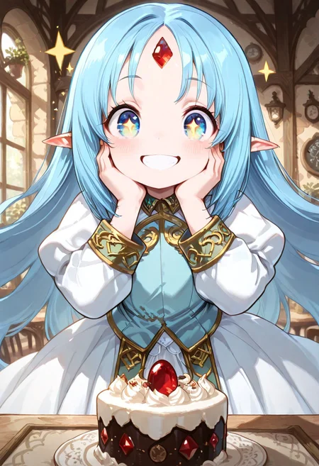 masterpiece, best quality, good quality, very awa, very aesthetic, absurdres, newest, high resolution,high quality,detailed,cute details, gr4ph1t3, beautiful eyes, perfect eyes, detailed eyes, 1girl, solo, reset_kalar_il ,pointy ears,blue hair,long hair,red gem forehead, cute dress, very cute, wide grin, open mouth, blush, super happy, hands on cheek, kira kira eyes, sparkle eyes, sparkle, motion lines, looking at cake, closeup, table, large cake, indoors, fantasy cafe, fantasy
