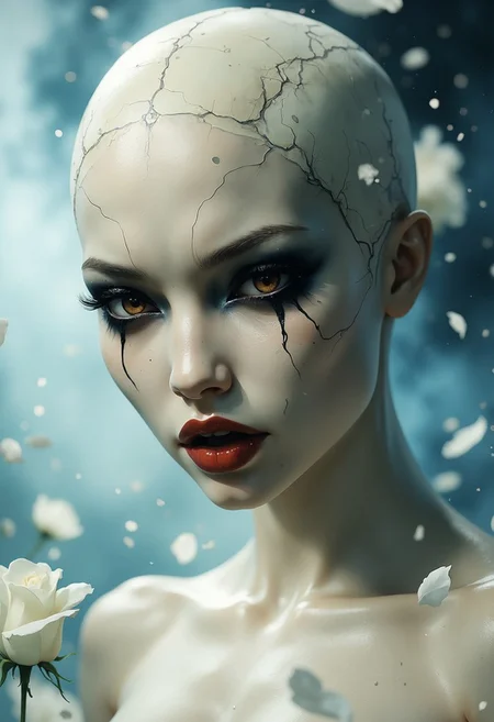 Close-up portrait of a statue of a woman. Her head and body are made of ivory and smooth with numerous, glowing, fine, hairline cracks covering the head and down her neck creating an organic mosaic pattern. She is biomechanical. Her eyes are an intense hazel color with black eyeshadow, and her lips are a rich, deep red color. A spot light focuses on her eyes, creating strong highlights and shadows. There is a single tear is running down her face. The light background is softly blurred showing a sea of white rose petals, but is blurred and out of focus so all visual attention is on the woman's eyes, nose and mouth. Her hair is stark white and falls around the lower half of the image. She is blending in with the background. She is looking at the viewer and is screaming. Blue and white smoke surround her body. She is like a bust. The overall impression is one of dramatic beauty, with an almost otherworldly quality. (((ultra-realistic style))), realistic soft lighting, eye-catching, atmospheric lighting, smokey environment, natural, shallow depth of field, (highlights: 0.8), high detail (dynamic, sincere, cinematic shot, film grain, bokeh, depth of field)