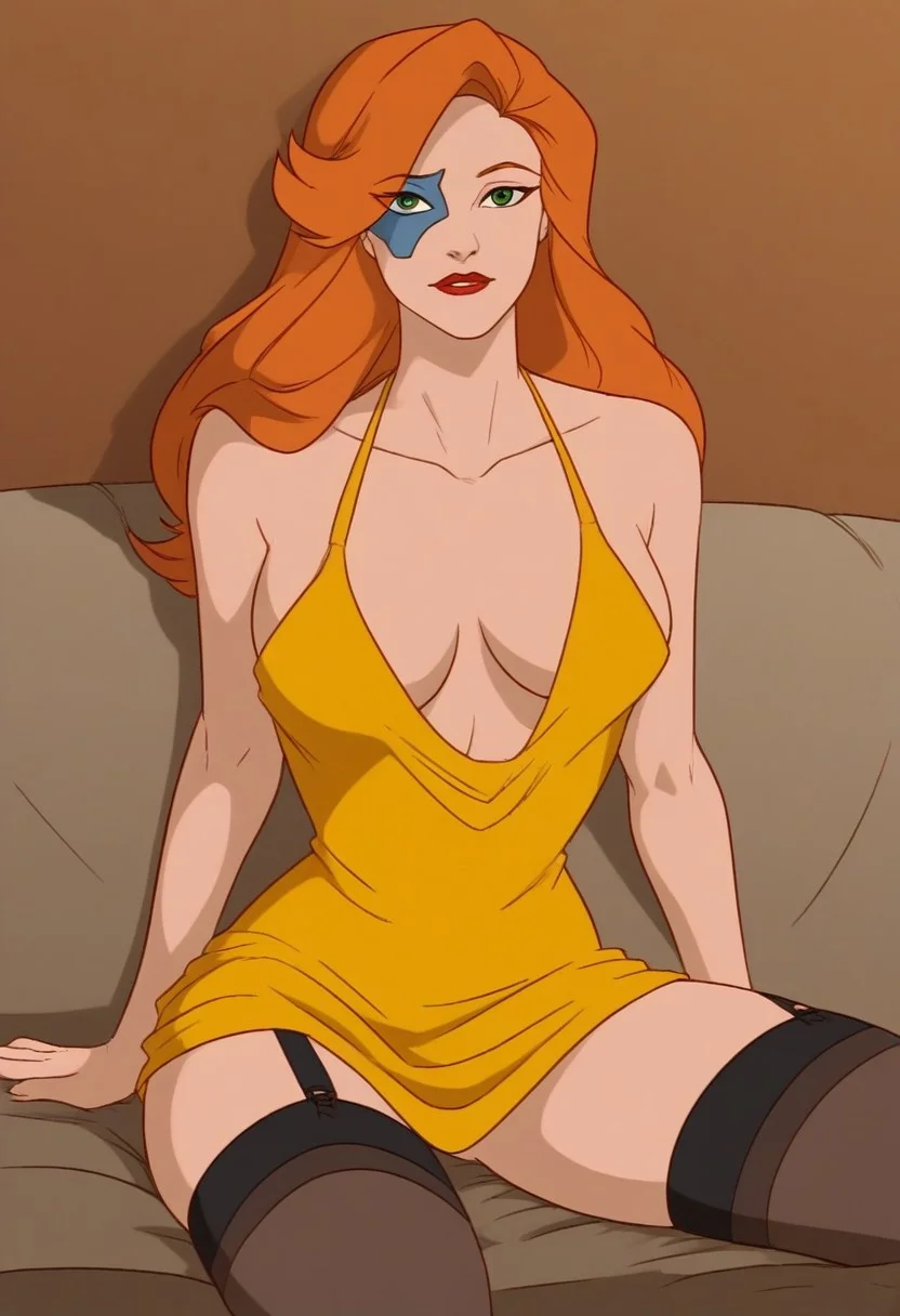 1 girl, solo, beautiful, Fox Xanatos (Gargoyles), eye mask, facial tattoo, green eyes, long hair, orange hair, makeup, middle breast, yellow dress, cowl neck, plunging neckline, cleavage, mini dress, collarbone, bare shoulders, halter dress, backless dress, jewelry, black stockings, garters for stockings, translucent black underpants, sitting on the couch with her legs spread, in the living room, in the evening,