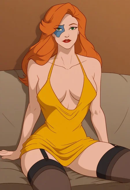 1 girl, solo, beautiful, Fox Xanatos (Gargoyles), eye mask, facial tattoo, green eyes, long hair, orange hair, makeup, middle breast, yellow dress, cowl neck, plunging neckline, cleavage, mini dress, collarbone, bare shoulders, halter dress, backless dress, jewelry, black stockings, garters for stockings, translucent black underpants, sitting on the couch with her legs spread, in the living room, in the evening,