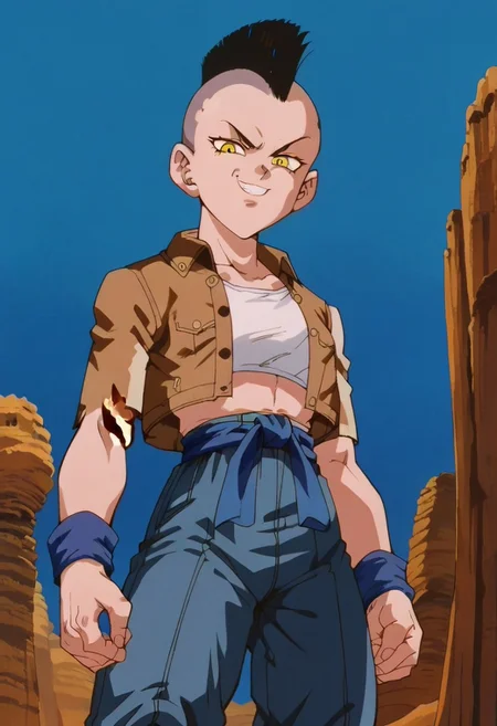 score_9, score_8_up, score_7_up, zPDXLpg, dbstyle, 1girl, solo, female, black mohawk, yellow eyes, cropped_jacket, open jacket, blue sash, orange dougi, blue wristbands, low angle, fullbody shot, smug, looking at viewer, outdoors, blue sky, sun, desert