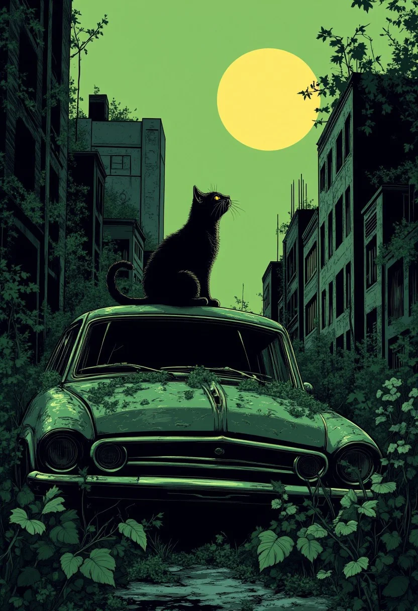 A lone cat sitting on a broken down car in an abandoned city overgrown by nature. Looking up at the moon.green tint, retro illustration, dark and drab colors