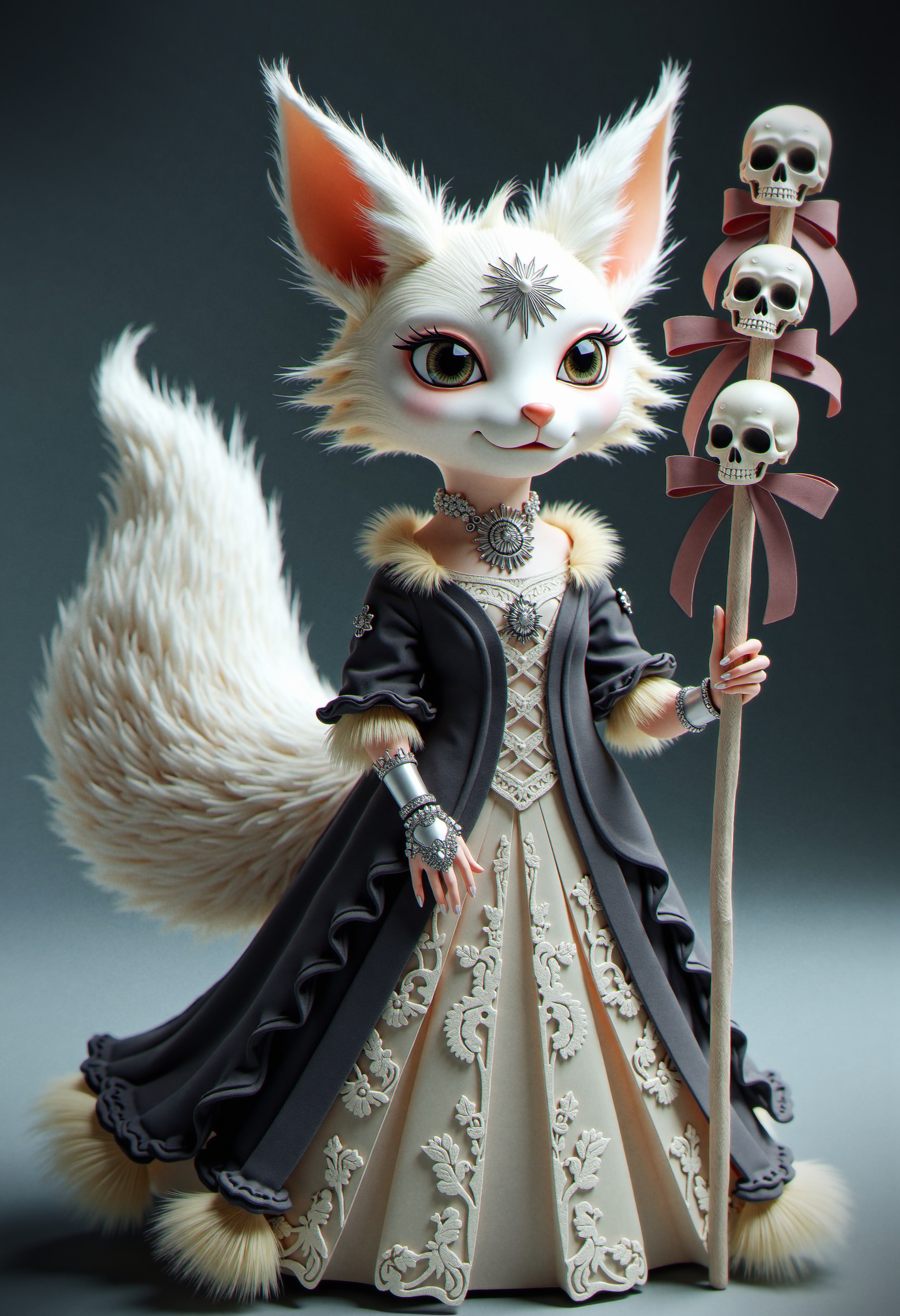High-detail 3D character: an elegant, anthropomorphic fox  with flowing, snow-white fur, adorned in intricate, gothic-inspired attire. The fox’s large, expressive eyes are framed by delicate, silver jewelry, and she holds a staff topped with skulls and ribbons. The meticulously crafted details of her clothing, including lace, bows, and pearls, are highlighted by the soft, diffused lighting that accentuates the texture and depth of the fabric. The background is a smooth gradient of dark to light gray, bringing the focus entirely onto the intricately detailed figure, giving it a regal, mystical presence.