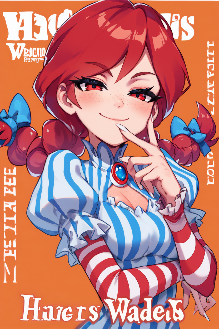 score_9, score_8_up, score_8, medium breasts, cute, eyelashes,       zzWendy, red hair, blue bow, blue gemstone, bow, brooch, closed mouth, copyright name, coralus, doyagao, finger to mouth, fingernails, frilled sleeves, frills, gem, hair bow, hand on own face, highres, jewelry, long fingernails, long hair, looking at viewer, medium breasts, nail polish, orange background, puffy short sleeves, puffy sleeves, red eyes, shirt, short sleeves, simple background, smile, smug, striped clothes, striped shirt, tsurime, upper body, vertical-striped clothes, vertical-striped shirt, white nails  <lora:Wendy_Wendys_P1:1>, <lora:BoldCAT_P3:0.8>,
