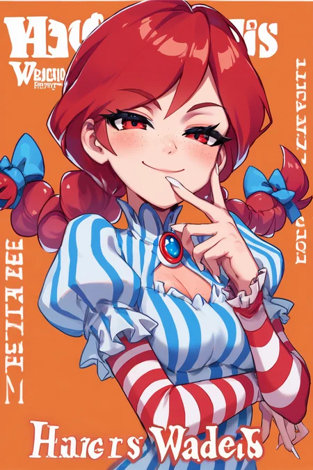 score_9, score_8_up, score_8, medium breasts, cute, eyelashes, zzWendy, red hair, blue bow, blue gemstone, bow, brooch, closed mouth, copyright name, coralus, doyagao, finger to mouth, fingernails, frilled sleeves, frills, gem, hair bow, hand on own face, highres, jewelry, long fingernails, long hair, looking at viewer, medium breasts, nail polish, orange background, puffy short sleeves, puffy sleeves, red eyes, shirt, short sleeves, simple background, smile, smug, striped clothes, striped shirt, tsurime, upper body, vertical-striped clothes, vertical-striped shirt, white nails <lora:Wendy_Wendys_P1:1>, <lora:BoldCAT_P3:0.8>,
