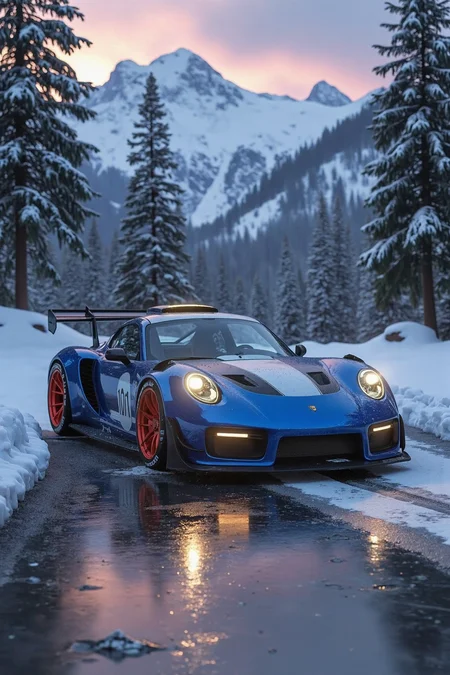 Vintage, Hyperrealistic digital rendering of a sleek sports car with metallic blue and silver paint, parked on a snowy driveway, vibrant red rims, glowing headlights reflecting off icy surfaces, snow-covered pine trees and mountains, dramatic twilight sky, sharp aerodynamic lines, frost details on the car, wet ground reflecting light, and a futuristic, cold ambiance.