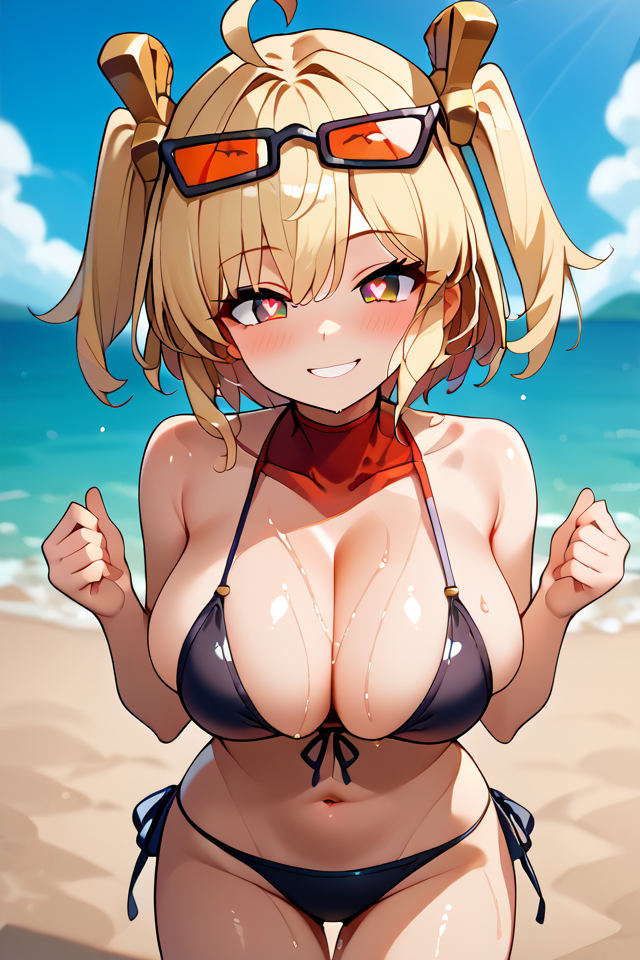 source_anime, Japanese art style, score_9, score_8_up, score_7_up, burnice white, zenless zone zero, perfect lighting, (best quality:1.2), high detail face, (detail eyes), absurdres, ultra detail face, (ultra detail eyes), ultra hd 32k, blush, blonde hair, red eyes, big eyes, short hair, two side up, hair hair ornament, eyewear on head, 1girl, cowboy shot, looking at you, midriff, depth of field, blurry background, standing, smile, happy, sexy, seductive smile, parted lips, natural huge breasts, big breasts, erotic, temptress, seducing, <lora:Burnice White ApexThunder Ai PonyXL-10:1>, dynamic pose, perfect body, sexy curves, seductive eyes, solo, outdoors, beach, cowboy shot, shiny skin, portland,  heart-shaped pupils, symbol-shaped pupils, side ponytail, ahoge, heart ahoge, bangs, hair ornament, black bikini, star(symbol), front-tie top, side-tie bikini bottom, wet, (breasts press), breasts_squeezed_together,