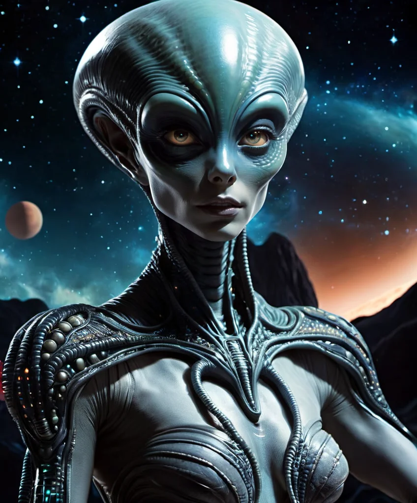 Alien-themed a gorgeous mysterious woman, Extraterrestrial, cosmic, otherworldly, mysterious, sci-fi, highly detailed