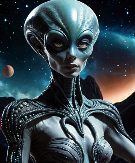 Alien-themed a gorgeous mysterious woman, Extraterrestrial, cosmic, otherworldly, mysterious, sci-fi, highly detailed