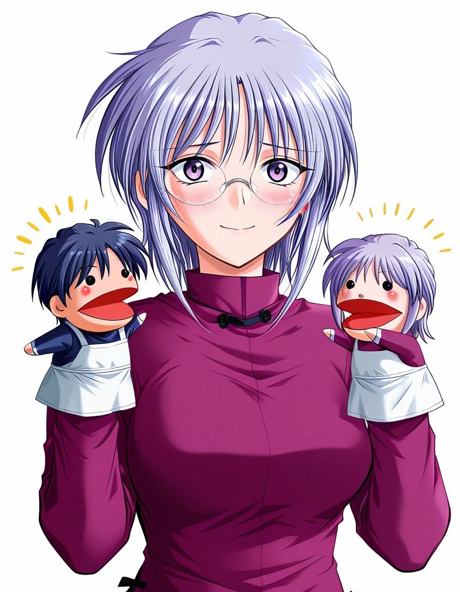 masterpiece, best quality, amazing quality, very aesthetic, absurdres, official art, ultra detailed,
1girl, solo, hikawa_aya(shinai), short hair, purple hair, purple eyes, glasses,  BREAK
purple long sleeves, 
light happy, blush, looking at viewer, standing, hppt,hand puppet, happy aura simple background, white background, upper body <lora:hand_puppet_IL_v1:1>
<lora:Hikawa_aya(shinai) v1.00-000015:1>
