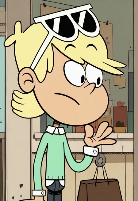 (score_9 | score_8_up | score_7_up) ((masterpiece:1))(best quality,very high quality,ultra detailed:1.2) (2D,cartoon style,anime style)(Smooth:2)(clean blurring) (four fingers on each hand,one thumb on each hand:1), Loni loud, solo, 1boy, Blonde hair, short Blonde hair, light Green silk sweater with a white long-sleeved shirt underneath, dark blue jeans, sunglasses, light Green socks with white spots, Brown dress shoes