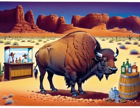 a bartender Bison behind a counter, Semi-Arid Desert at Early twilight, detailed, sub surface scattering, sharp focus <lora:OldillXL_0.4_RC:0.7>