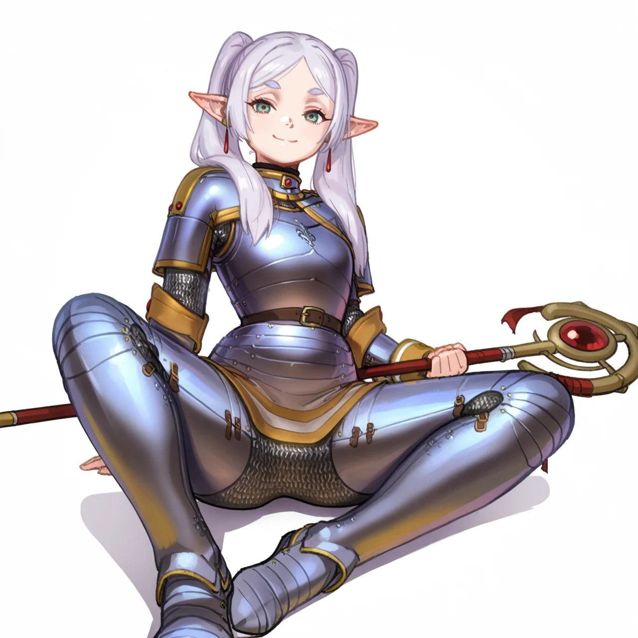 masterpiece, best quality, 1girl , frieren, <lora:spo_sdxl_10ep_4k-data_lora_webui:1>, holding weapon, ((armor)), chainmail, alternate outfit, medieval, small breasts, legs spread, smile, long hair, sitting on floor, white background, <lora:Wassnonman_WAI:1>