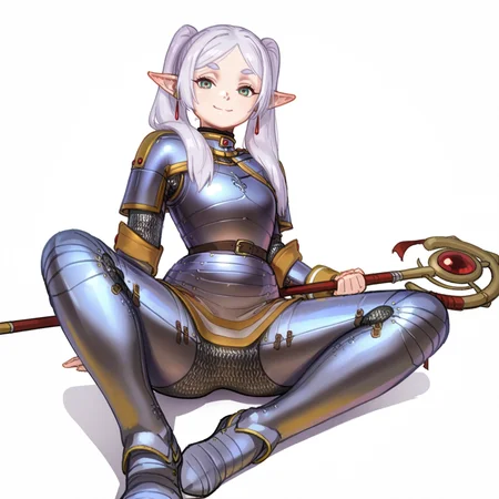 masterpiece, best quality,  1girl , frieren, <lora:spo_sdxl_10ep_4k-data_lora_webui:1>, holding weapon, ((armor)), chainmail, alternate outfit, medieval, small breasts, legs spread, smile, long hair, sitting on floor, white background, <lora:Wassnonman_WAI:1>