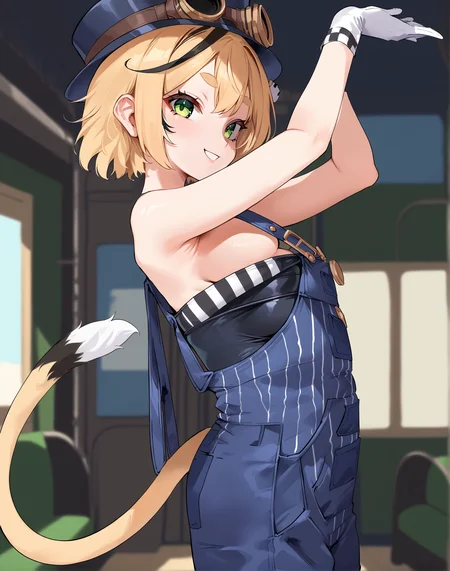 score_9, score_8_up, score_7_up, source_anime, anime, BREAK, best quality, very aesthetic, crisp image, absurdres, hotfiy, <lora:doobyPonyXL:1>, 1girl, dooby, short hair, tail, overalls, tube top, hat, goggles, green eyes, hair ornament, white gloves, cowboy shot, smug, looking at viewer, from side, presenting armpit,