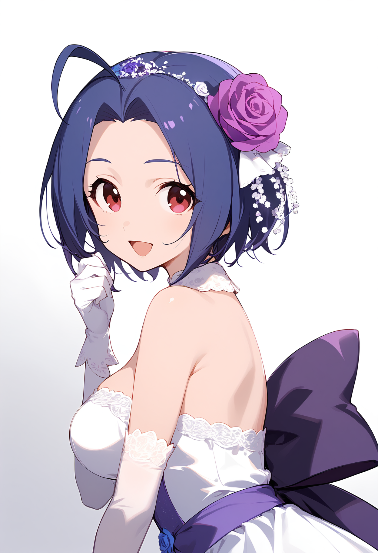 1girl,
miura azusa,


solo, ahoge, flower, blue hair, smile, white background, from side, hair flower, dress, purple flower, looking at viewer, white gloves, hair ornament, :d, hand up, back bow, purple rose, looking to the side, elbow gloves, large breasts, bare shoulders, open mouth, white flower, breasts, strapless, gloves, bow, simple background, rose, white dress, strapless dress, short hair,

sfw
<lora:a31_char_new_miura_azusa-000006:1> <lora:a31_style_koni-000010:0.8>