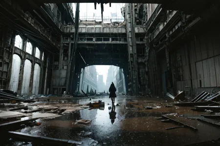 highly insanely detailed, masterpiece, top quality, best quality, highres, 4k, 8k, RAW photo, (very aesthetic, beautiful and aesthetic),  
tsutomu nihei,nihei_tsutomu,blame!,blame gakuen!,abara,TNstyle,sidonia_no_kishi,(giant room,hangar,city ruins,tunnel),decrepit,blm,open space,no human,dark background,empty,flock,vast scenery,perspective, 
<lora:blameLora_v10:0.5>, 
(1girl:1.3), 
solo focus, 
natural disaster,scenery,water,truss,Flood_Debris,Typhoon,reflection,Waterlogged,rust,cloudy,Sea of clouds,dark clouds,((raining)),rain,reflection,wet street,wet clothes,day,medieval,âââ