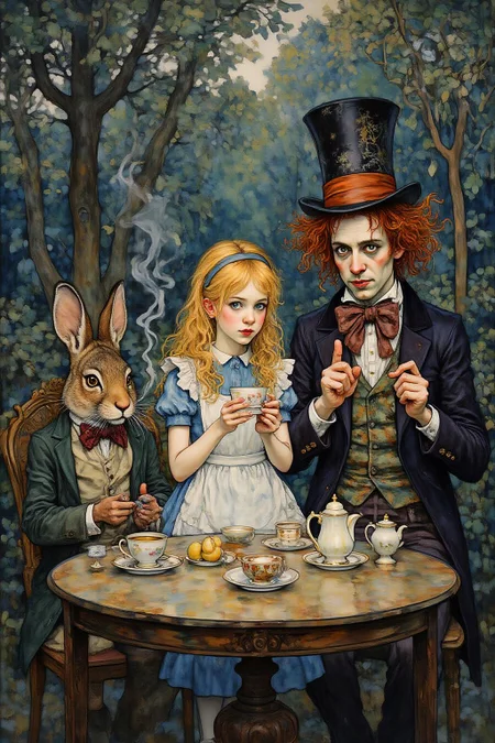 kaoruyamada1 painting.
Three characters sitting at a table at a tea party in the forest. In the center is Alice in Wonderland, a girl with long blonde hair in a dress and white apron holds a teacup. On the right is the Mad Hatter, a man with wild hair and a tall hat, in a suit, holding a teapot and gesturing with his finger, pointing to the left. On the left is an anthropomorphic Rabbit, smoking.  <lora:kaoruyamada1_f16e9:1.0><lora:868882789171236628:0>