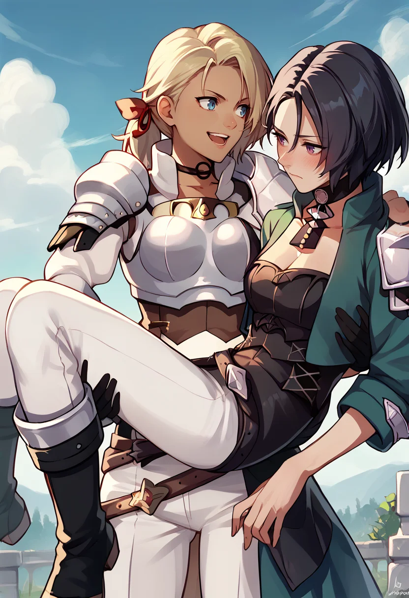 score_9, score_8_up, score_7_up, source_anime, multiple girls, outdoors, sky, cloud, princess carry, BREAK
1girl, closed mouth, blush, <lora:shamir-pdxl-nvwls-v1:1> defShamir, black hair, short hair, choker, green jacket, cropped jacket, single shoulder pad, bodice, cleavage, black pants