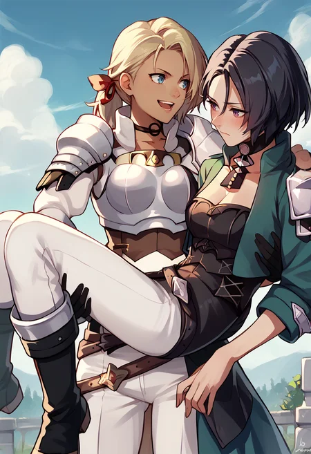 score_9, score_8_up, score_7_up, source_anime, multiple girls, outdoors, sky, cloud, princess carry, BREAK
1girl, closed mouth, blush, <lora:shamir-pdxl-nvwls-v1:1> defShamir, black hair, short hair, choker, green jacket, cropped jacket, single shoulder pad, bodice, cleavage, black pants