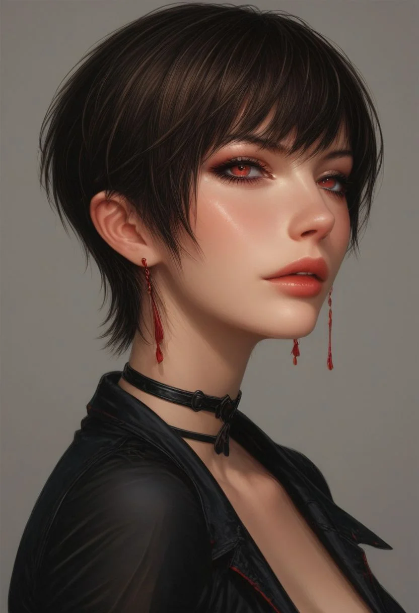 ,1girl ,source_anime, vicekfs,vice_(kof) , perfect breasts, brown hair ,very short hair , earrings, choker , long black sleeves , loose sleeves, vestthigh strap, long dress,shorts, pantyhose, ankle boots , good anatomy,short hair,beautiful eyes, red eyes,black eyeshadow, , ,perfect hands , posing like a model,in a professional photo session,sexy, ,, in a stunning city ,at night, posing sexy,solo , perfect beautiful face, anime style, ,