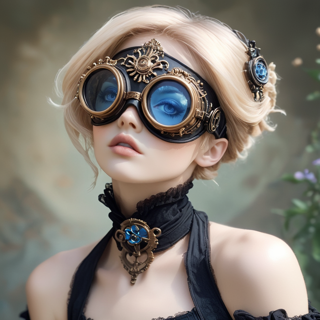 <lora:Rococo_Steampunk_SDXL:1> ArsMJStyle, Rococo Steampunk,  The image shows a woman wearing a black dress and a pair of steampunk goggles with blue lenses. The background is slightly blurred giving the image a dreamy ethereal feel., 1girl, solo, goggles, lips, blonde hair, portrait, blurry, choker, realistic, short hair, flower, closed mouth, blurry background, bare shoulders