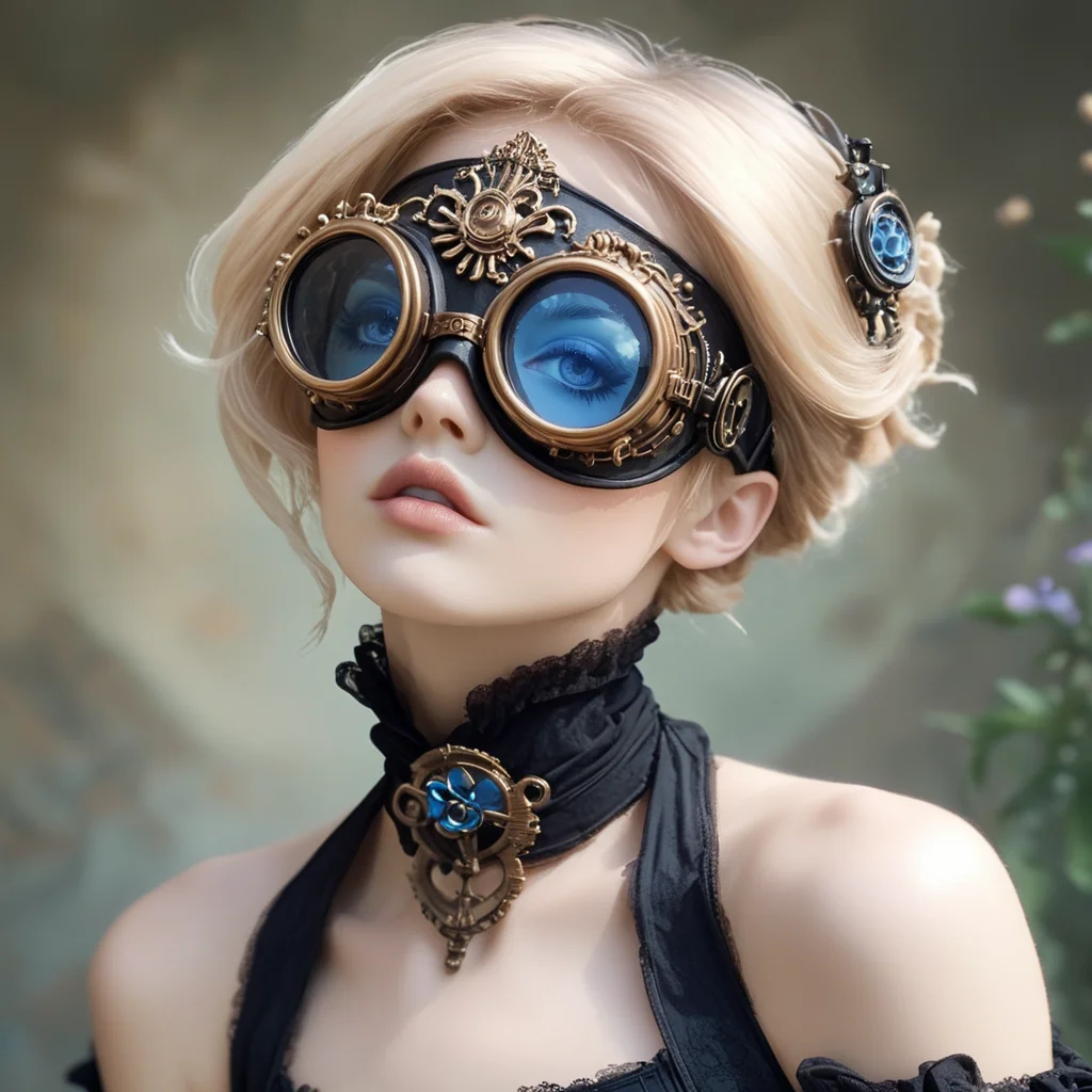 <lora:Rococo_Steampunk_SDXL:1> ArsMJStyle, Rococo Steampunk, The image shows a woman wearing a black dress and a pair of steampunk goggles with blue lenses. The background is slightly blurred giving the image a dreamy ethereal feel., 1girl, solo, goggles, lips, blonde hair, portrait, blurry, choker, realistic, short hair, flower, closed mouth, blurry background, bare shoulders