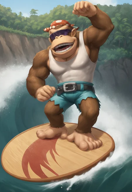 SFW, rating_all, score_10, score_8_up, score_7_up, beautiful, realistic, detailed, perfect, quality, vector, flat colors, masterpiece, funky_kong, gorilla, brown fur, furry arm, furry legs, white tank top, belt, denim shorts, insane detailed incrssurfing, surfing, (surfboard:0.8)