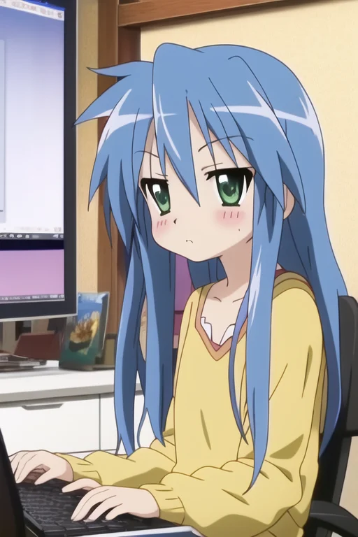 best quality, (konataOrig-5000:.9), ((playing on a computer)), pouting