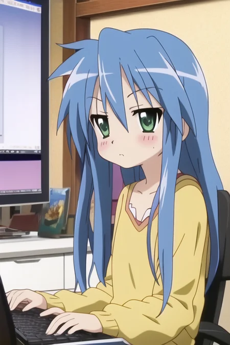 best quality, (konataOrig-5000:.9), ((playing on a computer)), pouting