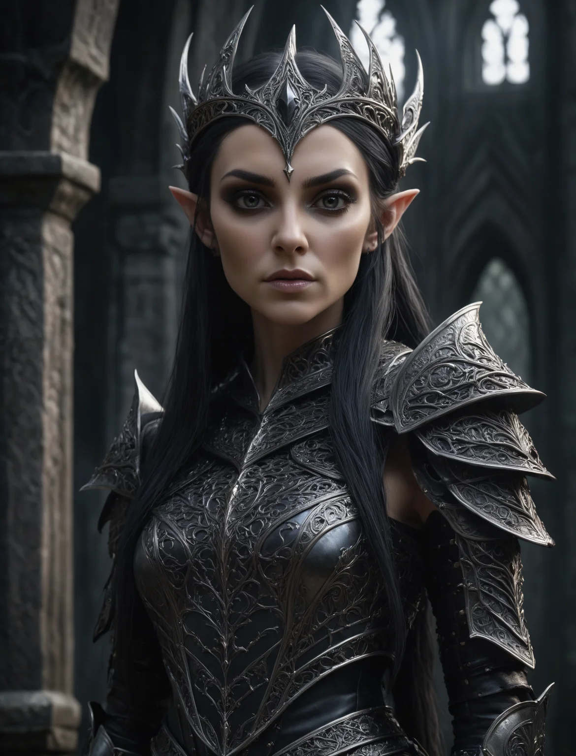 A dark elven queen in intricate armor, gothic medieval design, realistic textures, ultra-high definition, photorealistic, highly detailed, dramatic lighting, sharp focus, cinematic, hyperrealism, dark and mysterious atmosphere
