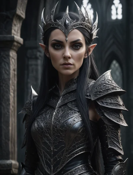 A dark elven queen in intricate armor, gothic medieval design, realistic textures, ultra-high definition, photorealistic, highly detailed, dramatic lighting, sharp focus, cinematic, hyperrealism, dark and mysterious atmosphere