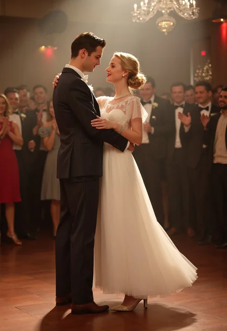 An old style, 1950s photograph of a young couple in their twenties on their wedding day. They are dancing in a smokey dance hell, with dolled up partygoers surrounding the dancing couple watching on happily and cheering. The bride is wearing a (dreamy A-line chiffon wedding dress, with a lace illusion neckline and flutter sleeves:1.4), her blond hair is in soft curls pinned back by pearls and she has on pearl earrings and a pearl necklace. She completes her look with classic sparkling heels and bold romantic makeup with bright red lipstick. She is slow dancing her first dance at the groom, looking up towards his handsome well groomed face and slick gelled back hair. He is wearing a (tailed charcoal grey pinstripe suit with white dress shirt, bowtie and silk pocket square:1.5), he completes his look with Brown brogues. The couple are very much in love, looking deep into each others eyes as they dance together. There is a slight bokeh effect on the photograph giving off the effect that their world is only each other. It is an old style photograph, a slight sepia effect giving it a timeless quality, light bleed and high nose and grain from a developed photo kept lovingly on the wall over many years.1950's technicolor style, 1950's.